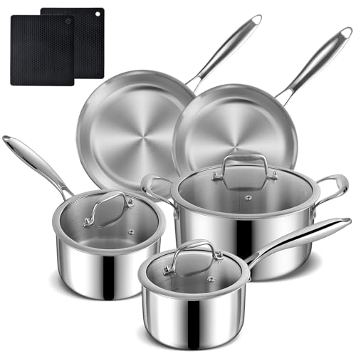 10pcs Stainless Steel Pot and Pan Set Induction Hob Pots and Pans Non Stick 24cm Casserole with lid Saucepan with Lid and Frying pan PFOA Free Kitchen Cookware Set Oven Safe