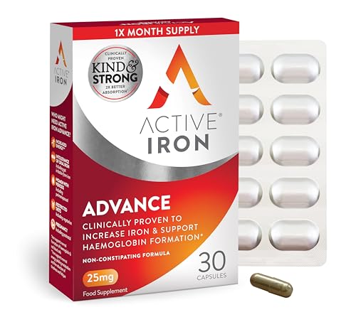 Active Iron Advance 25mg Iron Supplement | Non- Constipating | Clinically Proven to Increase Iron Levels | Fights Tiredness & Fatigue | 30 Daily Capsules