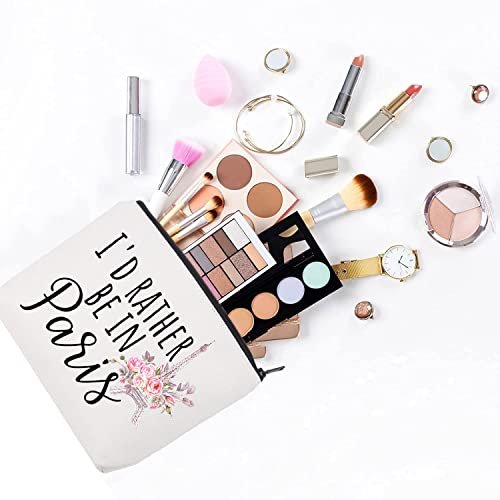 LEVLO Eiffel Tower Cosmetic Make Up Bag - Travelers Gift - 'I'd Rather Be In Paris' - Blue - Canvas - Zipper Pouch - 9.05" x 6.69" x 14.56"3