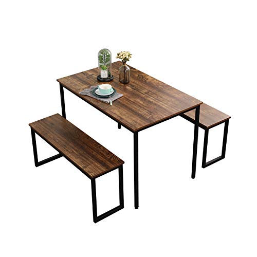 soges Kitchen Table Set with 2 Benches, Bench Dining Table Set for 4, 3 Piece Dining Room Table and Long Benches, Breakfast Table Coffee Table Set, Industrial Style Wooden Kitchen and Dining Room Set