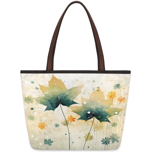 Vintage Watercolour Leaves Tote Bag Multi Pocket Zippered Beach Bag Lightweight Waterproof Handbag for Women Men Work Gym Travel Swimming Yoga Grocery Shopping M