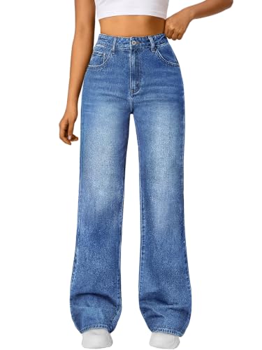 Trendy Queen Women High Waisted Straight Wide Leg Jeans Stretch Baggy Pants