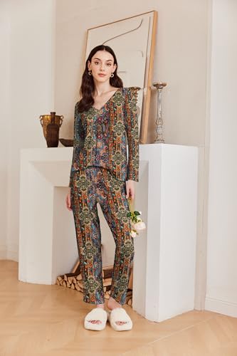 Image of Ekouaer Womens 2 Pack Pajama Set Long Sleeve Pajamas Top and Pants V Neck Pjs Set Soft Sleepwear Loungewear