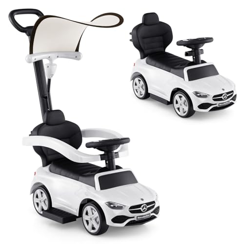 Image of Licensed Mercedes Benz Push Car for Toddlers by INFANS, 3 in 1 Sliding Walking Car with Push Handle, Horn, Music, Underneath Storage, Foot-to-Floor Ride on Toys for Boys Girls, White