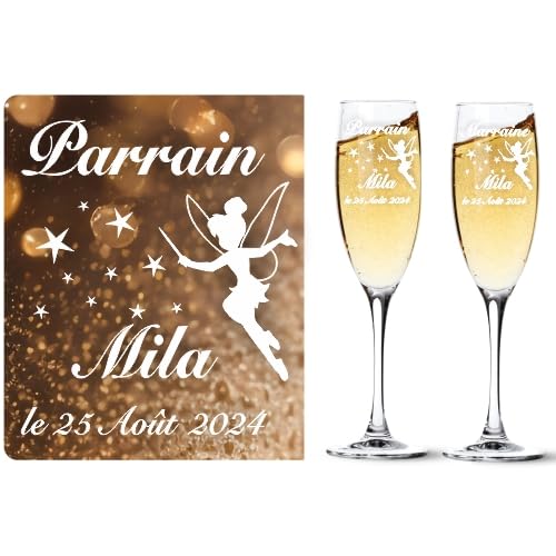 Lot 1 Flûte PARRAIN + 1 MARRAINE (ou 2 Parrain Ou 2 Marraines) - Flûtes à Champagne Gravées Fée Avec 2 Boîtes Cadeaux - Cadeau Baptême Parrain Marraine