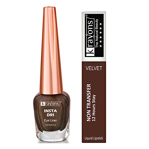 Image of Krayons Insta Dri Sparkling Eyeliner, Brown, 7ml And Power Stay Nontransfer 12hrs Stay Matte Liquid Lipstick, Caramel, 4ml
