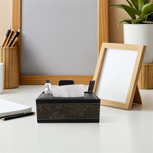 Boîte à mouchoirs noire anti-désordre avec rangement télécommande - 5