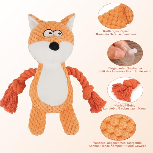 TONYFY Hundespielzeug, Hund Quietschspielzeug mit Knitterpapier, Plüschtier Hund Plüsch Kauspielzeug, Baumwollseil interaktives Spielzeug für Welpen, kleine, mittlere Hunde (Orange Fuchs)