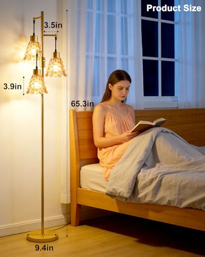 Image of 3-Light Modern Glass Floor Lamp, Gold Standing Tall Lamp with Amber Pinecone Glass Shade for Reading, Dimmable LED Floor Lamp with 5Lbs Heavy Base for Living Room Bedroom Home Decor, Bulb Included