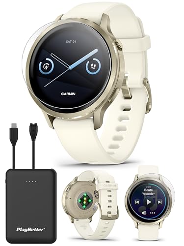 PlayBetter Garmin Venu 4 (Lunar Gold/Bone, 41mm) Fitness GPS Smartwatch Bundle - AMOLED Display, Built-in Flashlight, Long Battery Life Portable Charger & HD Screen Protectors
