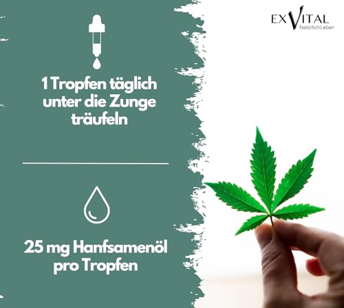 EXVital Hanfsamenöl, 25mg pro Tagesdosis,750 Tropfen, kaltgepresst, 30ml, Premium Anbau, vegan & laborgeprüft