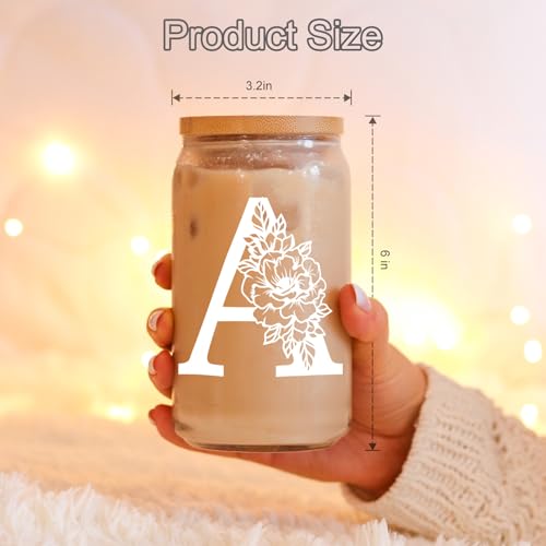 Image of Coolife Initial Glass Cup, Monogrammed Gifts for Women, 16 oz Tumbler w /Lid