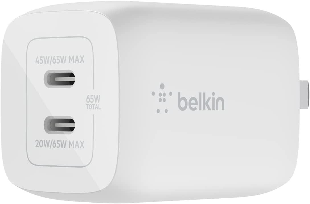 Belkin USB-C Charger 2-Port PPS Standard Compliant GaN-Adopted Compact AC Adapter Type-C Fast Charging Lightweight [PD3.0 Compliant / PSE Certified/Folding Plug] 65W (45W+20W) Compatible with MacBook