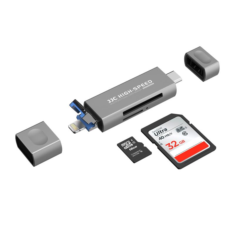 JJC Metal SD Card Reader for iPhone Lighting USB C 3.0 USB A 2.0 Card Reader Viewer for SD Micro SD Memory Cards Adapter for iPhone 16/15/14/13