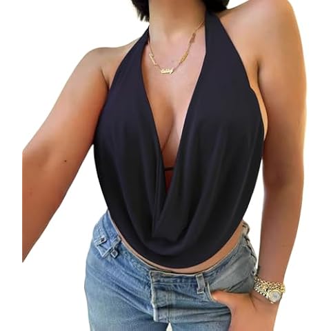 VANCOL Women's Halter Neck Front Draped Casual Halter Neck Draped Front Sexy Backless Tank Top Black Cover