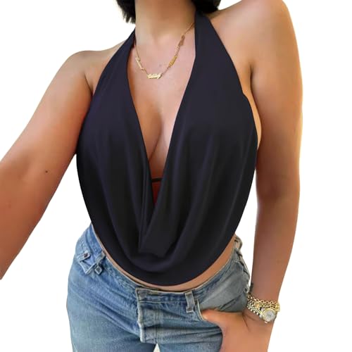 Women's Halter Neck Front Draped Casual Halter Neck Draped Front Sexy Backless Tank Top