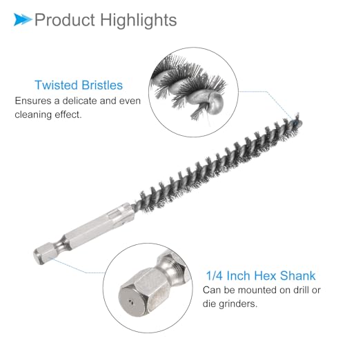 Image of Bore Brush, 8mm Dia 4.5 inch Length, Stainless Steel Cleaning Wire Brushes with 1 /4 Inch Hex Shank - (Applications: for Power Drill, Die Grinder), 5-Pieces