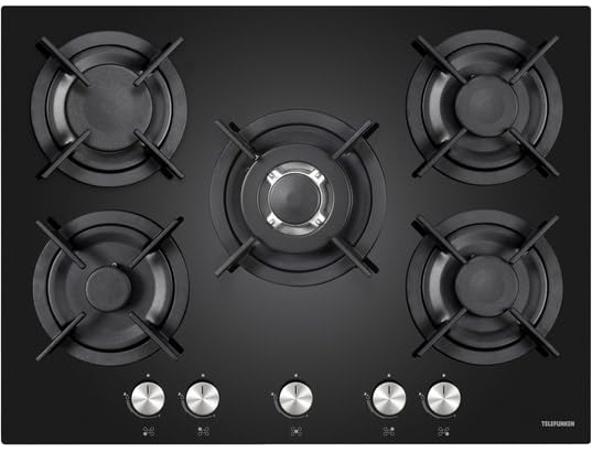 TELEFUNKEN Plaque gaz TGV5C, 70 cm, 5 foyers, verre noir