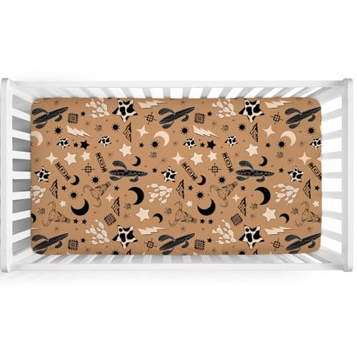 Image of Vintage Western Cowboy Baby Crib Sheet 52''x28'' Retro Cow Skull Cactus Sun Moon Stars Snug Fitted Crib Mattress Cover for Boy Girl Wild Plants Soft Baby Bed Sheet for Standard Crib Toddler Mattress