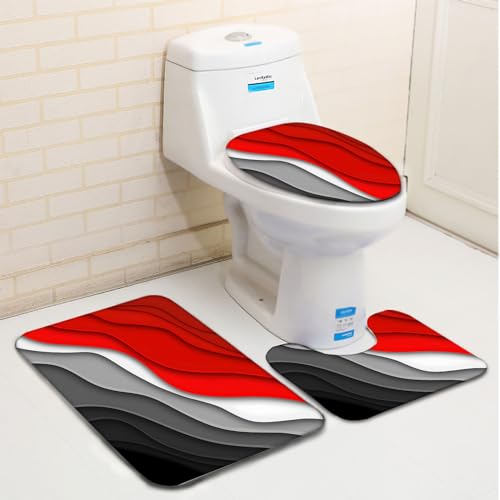 Badezimmerteppich Set 3 Teilig Rote Schwarze Graue Streifen Badematte rutschfest Bad Teppiche Set U-förmiger Teppiche und WC-Deckelbezug für Dusche und Toilette