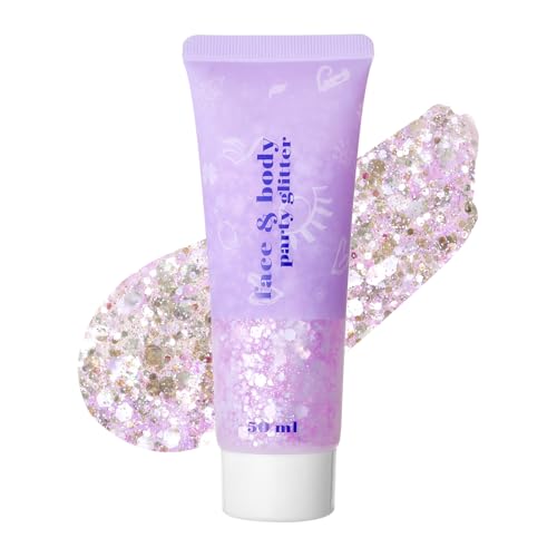 Prreal Body Glitter Gel, Holographic Face Glitter Rave Party Accessories, Chunky Glitters for Hair Eyes Nails, Cosmetic Laser Powder Festival Sequins Paint Makeup, #Silver to pink