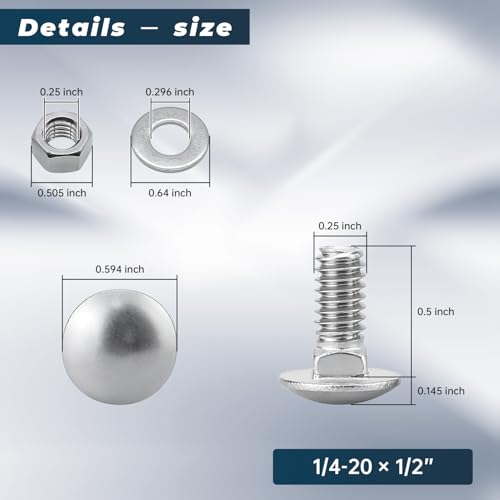 Image of 1 /4-20 x 1 /2 Inch Carriage Bolt Kit, 304 Stainless Steel (18-8) with Hex Nuts & Flat Washers - 10 Sets, Round Head Square Neck, Full Thread Coverage by Glvaner