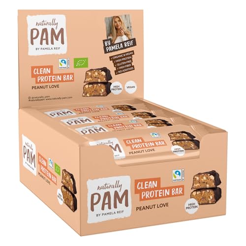 Naturally Pam Clean Protein Bar | High Protein Eiweißriegel Snack | Peanut Love – 12 x 45g