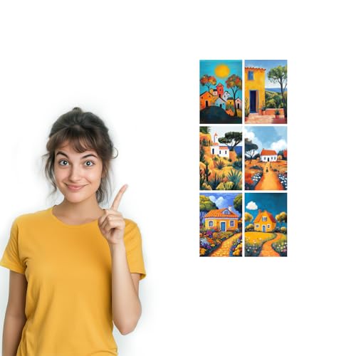 Image of SiddArtify Colorful House Wall Art Prints Set - Whimsical Landscape Poster Decor for Living Room Bedroom Office - Set of 2-4x6 Inch - Board (Pack of 6) - Sticker (Pack of 6)