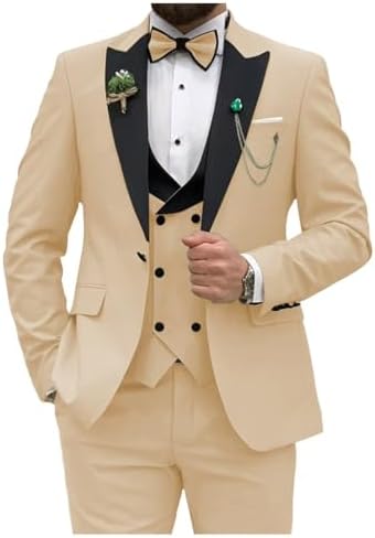 Men Slim Fit Suits 3 Piece Double Breasted Suit Men Wedding Prom Party Business Blazer Vest and Pants with Tie