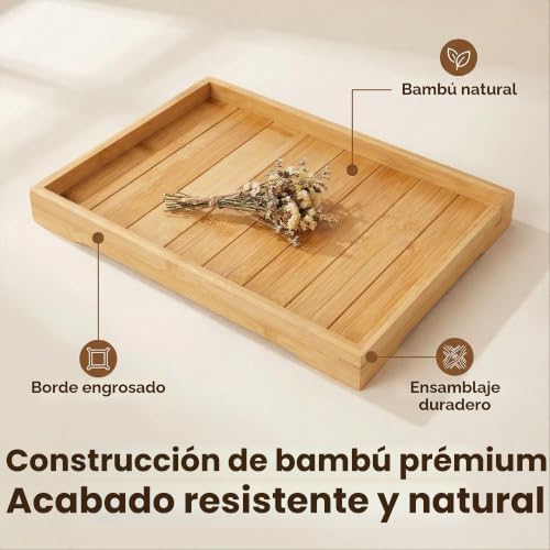Miniatura 5 de Linhome Bandeja Rectangular De Bambú Natural Con Borde Elevado, Bandeja Servidora Multiusos Para Desayuno, Té, Cocina, Comedor Y Salón 46x30x3.5 Cm ,Rs03509