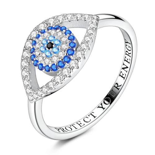 Vectoflux 925 Sterling Silver Rings for Women | Elegant Dainty Hoop & Band Rings with 5A Cubic Zirconia | Daily Wear Jewelry with Gift Bag (Sizes 6-9) - Evil Eye Ring