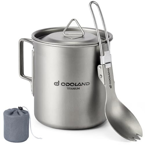 Odoland Titanium Pot and Mug, Camping Coffee Cup with Lid and Spork, Foldable Handle for Camping, Hiking, Traveling and Backpacking 420ML