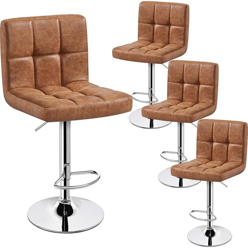 Image of Yaheetech Bar Stools Set of 4, PU Leather Swivel Barstools, Height Adjustable Counter Chairs, Modern Stools with Back for Bar Kitchen Island Dining Room, Retro Brown