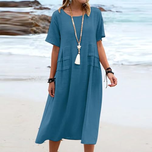 Dresses for Women 2024 Casual Summer Cotton Linen Dress with Pocket Short Sleeve Long Dress Solid Crew Neck Dress3