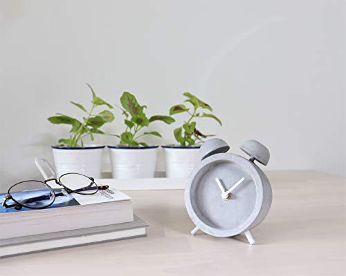 Driini Concrete Twin Bell Desk And Table Clock - Battery Operated With Precise Silent Sweep Movement. Perfect Small Clock For Guest Room, Bathroom, Living Room Or Office. #TOP6