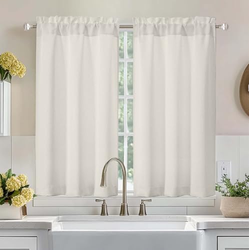Image of Aiyufeng Natural Short Room Darkening Curtains for Bedroom 45 Inches Long 2 Panels Set, Solid Thermal Insulated, Energy Saving Window Treatment Curtains Blackout Drapes, W40 x L45 Inch, Natural
