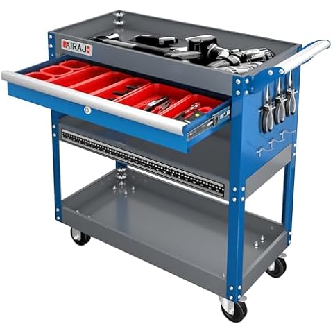 AIRAJ PRO Rolling Tool Cart 3 Tier with Drawers,440 lb Capacity Tool Box Cart with 8 Drawer Organizers & 10 Hooks,Heavy Duty Tool Cart on Wheels for Garage Warehouse Workshop,Blue Cover