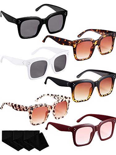 6 Pairs Oversized Sunglasses Vintage Retro Square Frame Sunglasses with Flat Lens and 3 Pieces Glass Cloths
