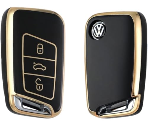 Image of TPU Car Key Cover Black & Golden Compatible for Skoda Kodiaq, Superb, Octavia, Karoq (Skoda, 3 Button Push Smart Key)