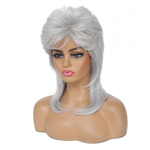 Image of Adequate 80s Mullet Wig for Women Fluffy and Layered Hairpiece for Perfect for Costume Parties and Cosplay (Light Gray)