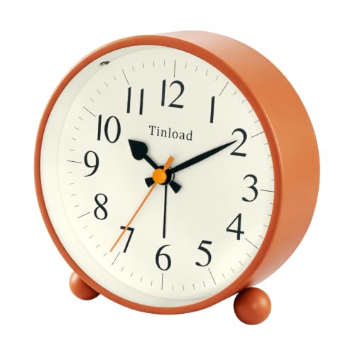 Image of Tinload 4.5 inch Vintage Retro Analog Alarm Clock, Super Silent Non Ticking Small Clock with Manual Light, Snooze, Battery Operated, for Living Room, Bedroom, Bedside, Desk(Orange)