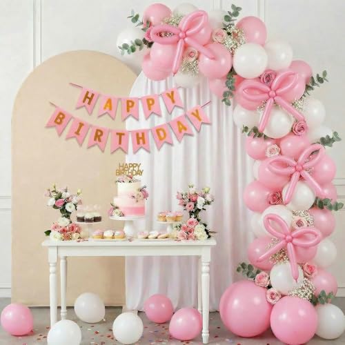 Image of Party Propz Bow Theme Birthday Decoration Kit for Girls - 42 Pcs, Pink Themed Happy Birthday Banner, Long Balloons, White and Pastel Pink Birthday Decoration Kit (Carstock,Latex)