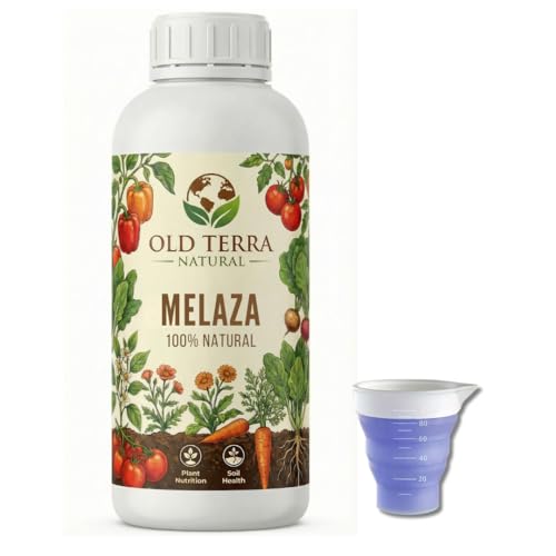 OLD TERRA NATURAL Melaza de Caña Pura (1L) - Abono Orgánico Líquido Ultra Espeso y Concentrado, Fertilizante 100% para Potenciar Crecimiento, Floración del Suelo en Huertos y Jardines. Incluye Medidor
