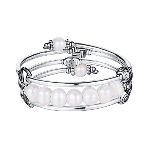 Beaded Freshwater Pearl Chakra Bracelet - Multi Strand Wrap Bracelet with Natural Crystal Agate Beads, Birthday Gifts for Women (9-White Pearl)