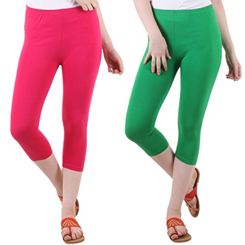 Image of DIAZ Women Cotton Stretchable Capri | Slim /Regular Fit | Breathable Yoga, Gym & Lounge Wear | High-Waist Stretchable 3 /4 Length Leggings with Wide Waistband - Pack of 2
