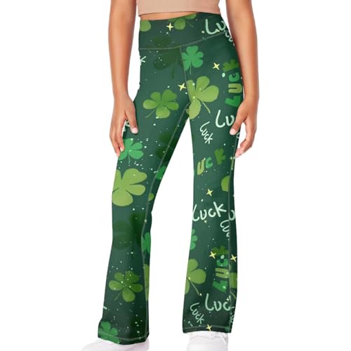 NRBEAWD Children's Bootcut Yoga Pants High Waist Workout Bootleg Yoga Pants Tummy Control Lucky Green Leaves Pants