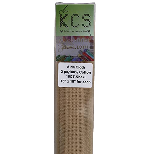 Image of KCS 3 pc of 15 inch x 18 inch Counted Cross Stitch Cotton Aida Cloth Needlework Fabric,18CT,Khaki