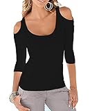ZJCT Women's Open Cold Shoulder Stretch Long Sleeve Tee Shirt Casual Blouse Tops Black M
