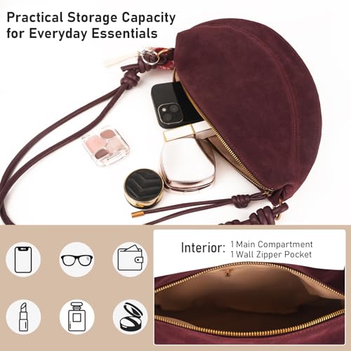 Image of Small Suede Dumpling Crossbody Bag for Women, Hobo Shoulder Purse with Cute Baseball Charms & Adjustable Strap