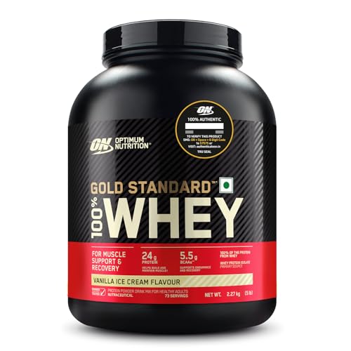 Optimum Nutrition (ON) Gold Standard 100% Whey Protein Powder 5 lbs, 2.27 g (Vanilla Ice Cream), for Muscle Support & Recovery, Vegetarian - Primary Source Whey Isolate